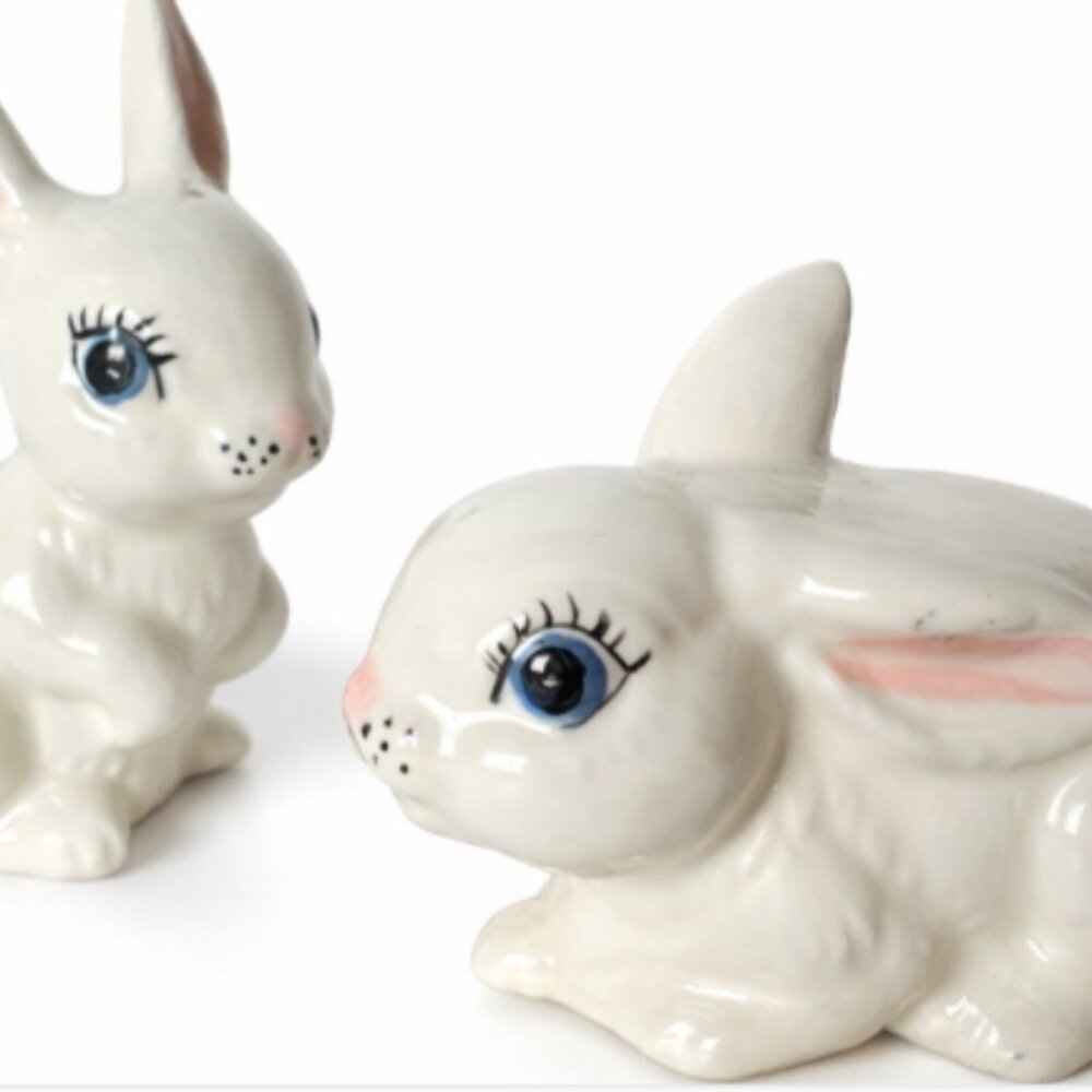 Vintage Ceramic Big Eyed Ceramic Bunny Figurines Set, 3"